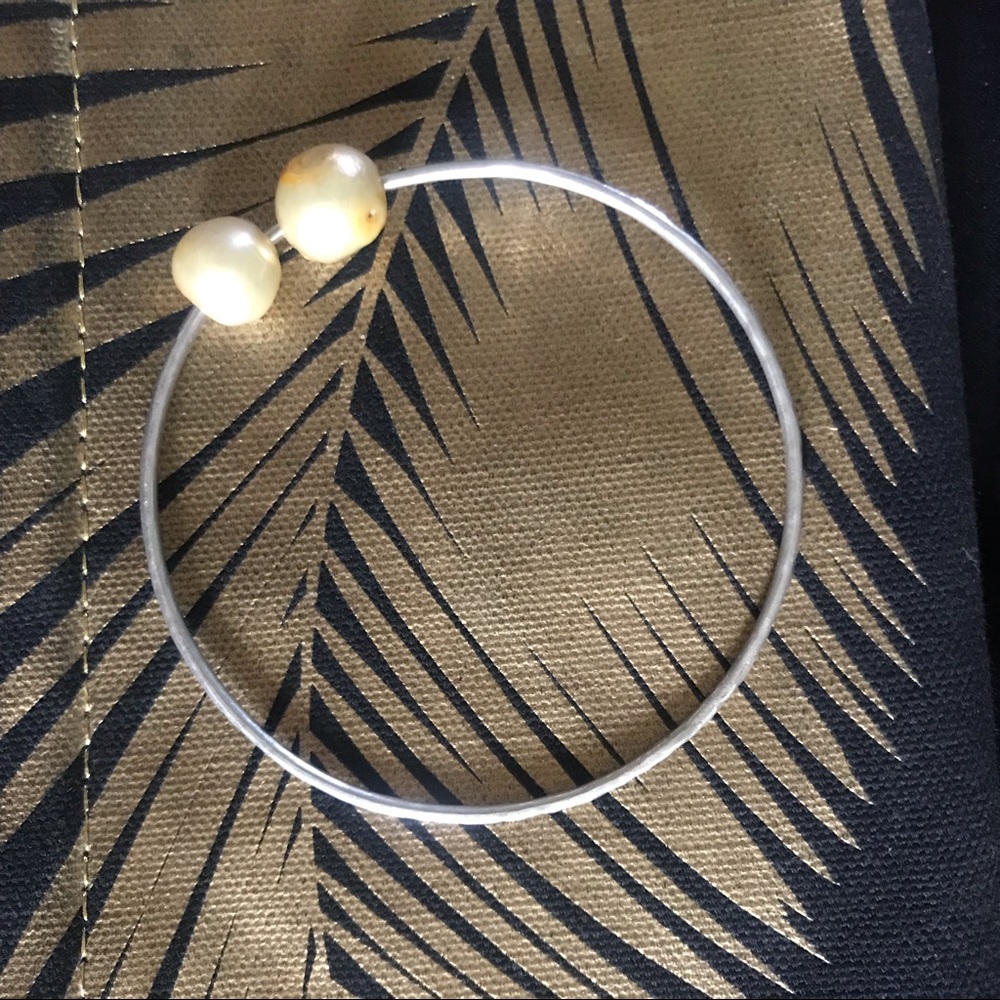 Two Yellow Freshwater Pearl Fine Silver Bangle